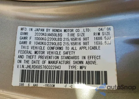 2006 Honda Cr-V Lx z USA, uszkodzony, nr VIN JHLRD68576C022943